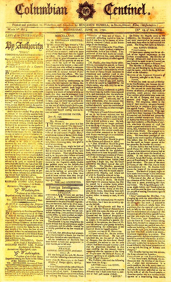 Centinel article about the act establishing the first United States copper penny
