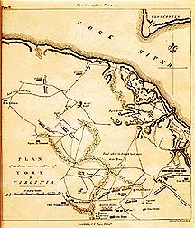 Map showing British outposts and Allied positions deployed in the attack on Yorktown in October, 1781