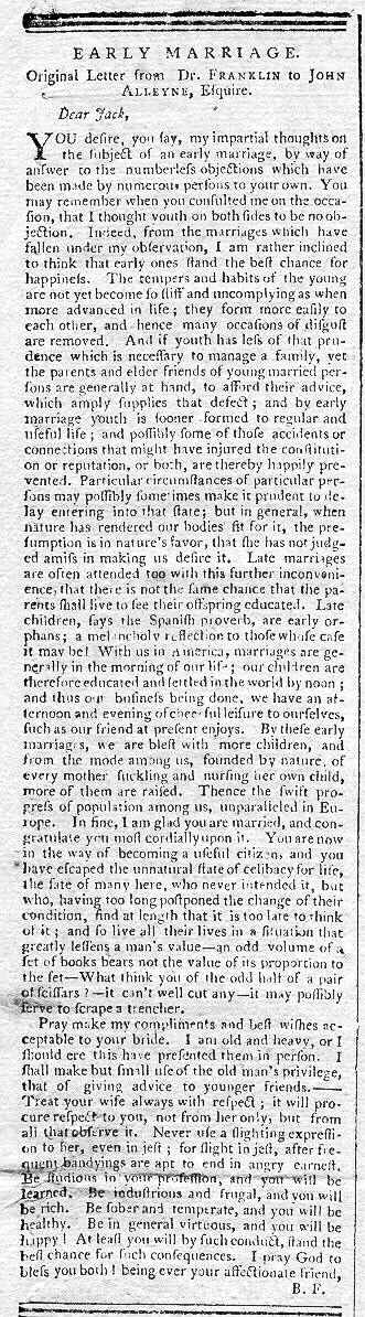Ben Franklin Marriage Letter, 1789