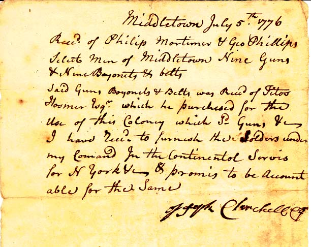 A Hand-Written Receipt for Nine Guns and Nine Bayonets